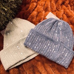 Nordstrom Sparkling Sequin Beanie Duo - Mint Green and Blue
